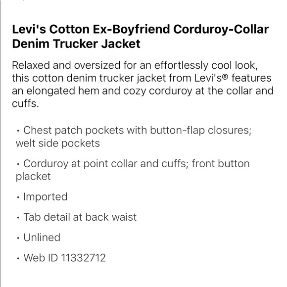 NEW Levi’s Cotton Ex-boyfriend Pink Corduroy-Collar Jacket - Picture 4 of 9